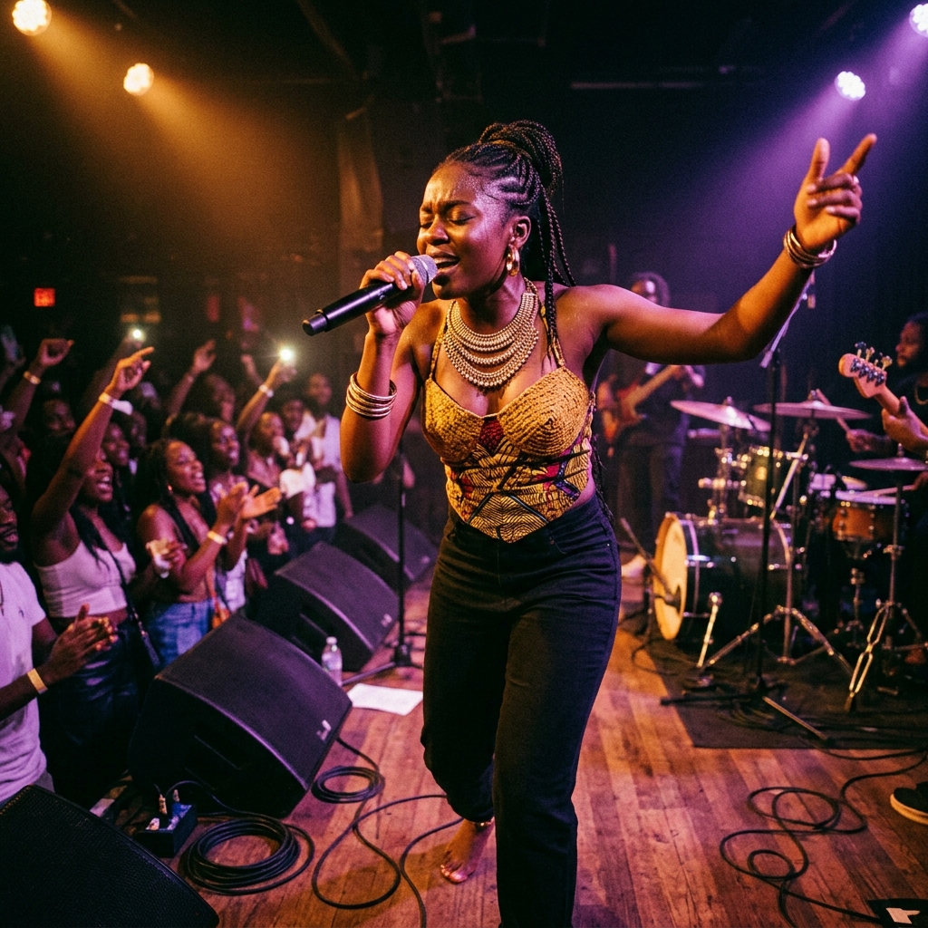 Afrobeats artist performing live with emotion and passion