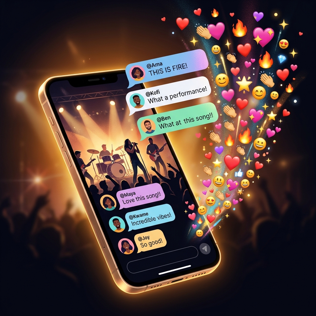 Live chat messages and emoji reactions bursting from a phone screen