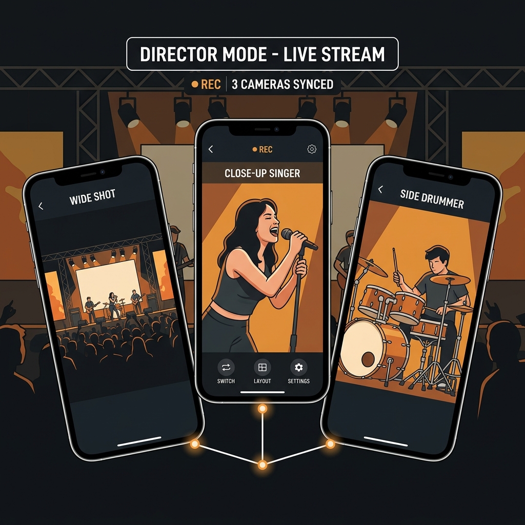 Director Mode — 3 phones synced as cameras for multi-angle live streaming