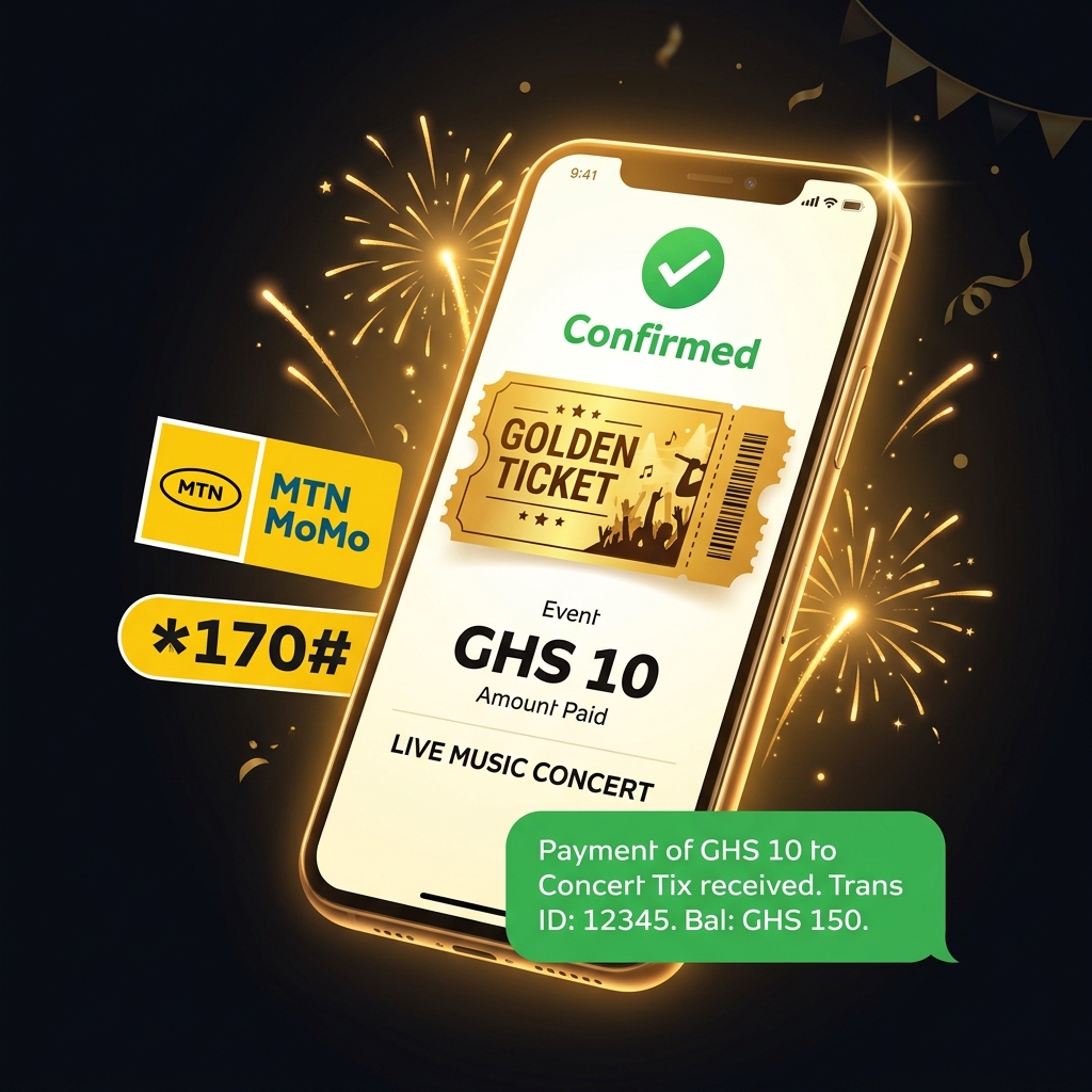 MoMo micro-ticket purchase with GHS 10 confirmation